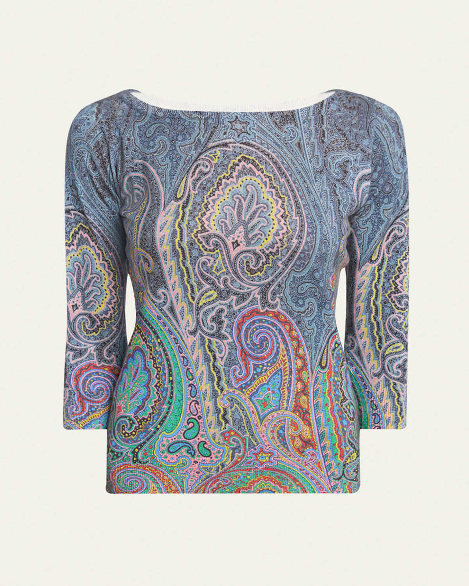 Paisley Three-Quarter Sleeve Cashmere Top